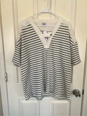 BKE Buckle XL Striped Textured Henley Top Cream Green/Black